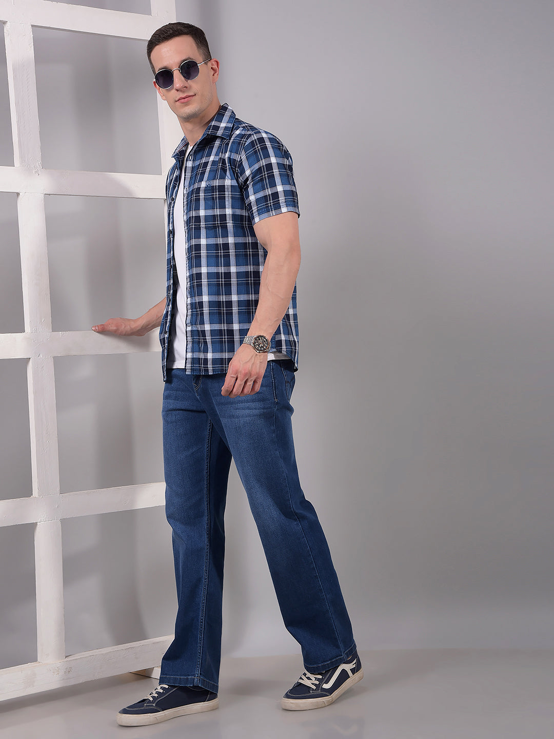 Blue Checked 100% Cotton Shirt-Men Shirts-Crimsoune Club