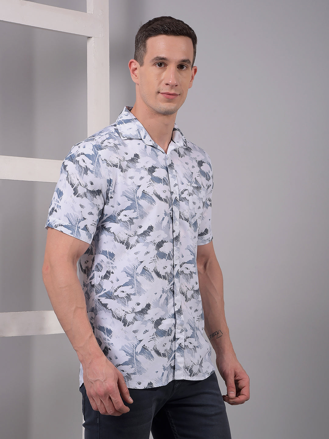Grey Printed Linen Shirt-Men Shirts-Crimsoune Club