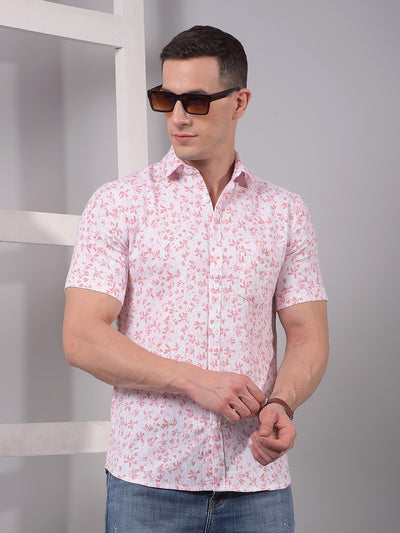 Pink Floral Print Linen Shirt-Men Shirts-Crimsoune Club