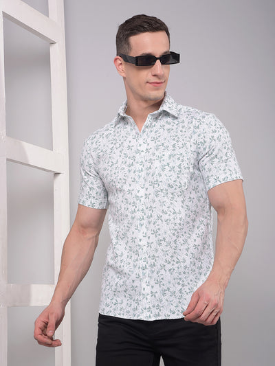 Green Floral Print Linen Shirt-Men Shirts-Crimsoune Club