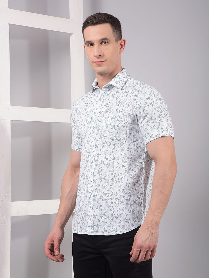 Green Floral Print Linen Shirt-Men Shirts-Crimsoune Club