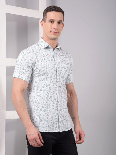 Green Floral Print Linen Shirt-Men Shirts-Crimsoune Club