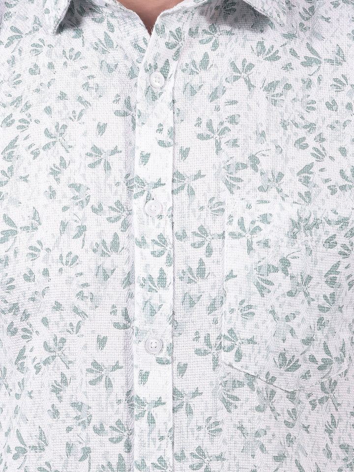 Green Floral Print Linen Shirt-Men Shirts-Crimsoune Club