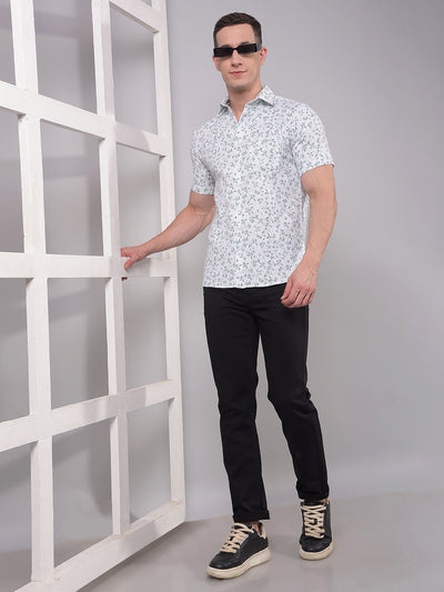Green Floral Print Linen Shirt-Men Shirts-Crimsoune Club