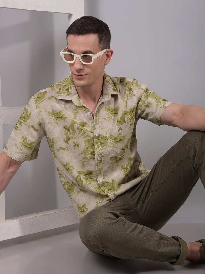 Olive Abstract Print Linen Shirt-Men Shirts-Crimsoune Club