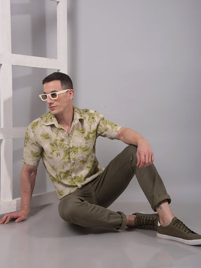 Olive Abstract Print Linen Shirt-Men Shirts-Crimsoune Club