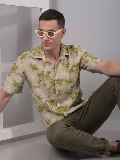Olive Abstract Print Linen Shirt-Men Shirts-Crimsoune Club