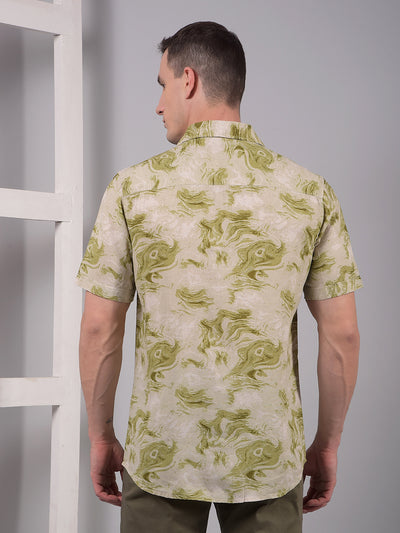 Olive Abstract Print Linen Shirt-Men Shirts-Crimsoune Club