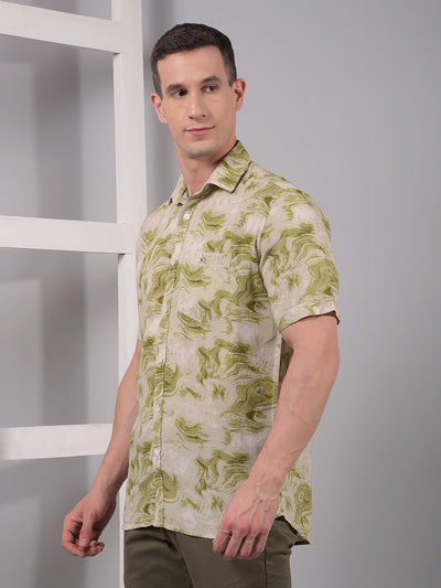 Olive Abstract Print Linen Shirt-Men Shirts-Crimsoune Club
