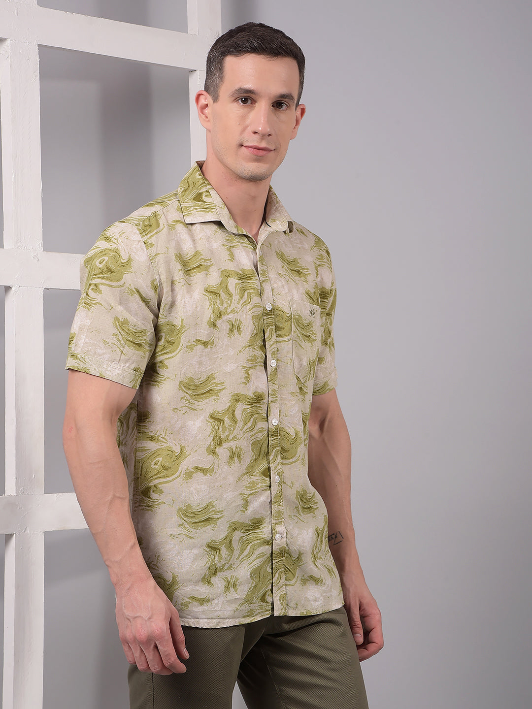 Olive Abstract Print Linen Shirt-Men Shirts-Crimsoune Club
