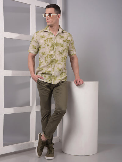 Olive Abstract Print Linen Shirt-Men Shirts-Crimsoune Club