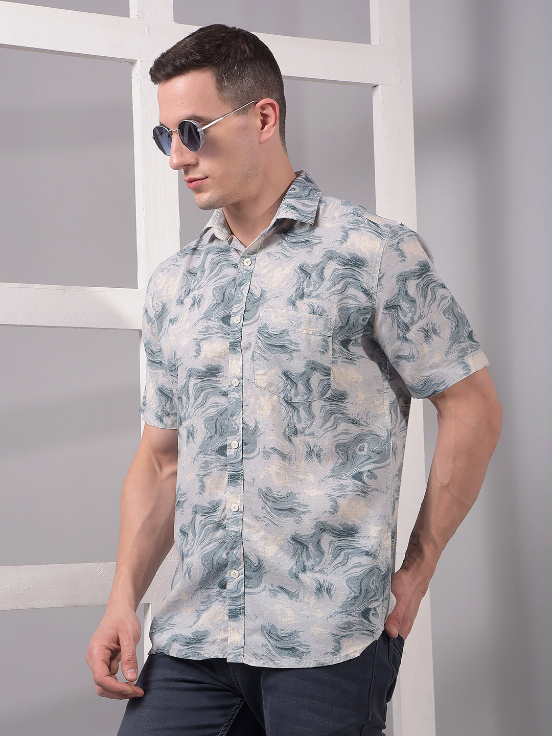 Blue Abstract Print Linen Shirt-Men Shirts-Crimsoune Club
