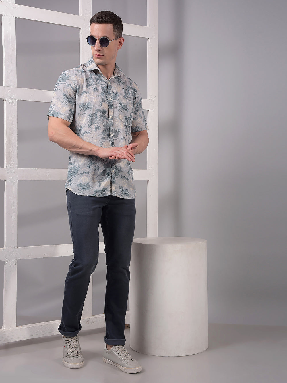 Blue Abstract Print Linen Shirt-Men Shirts-Crimsoune Club