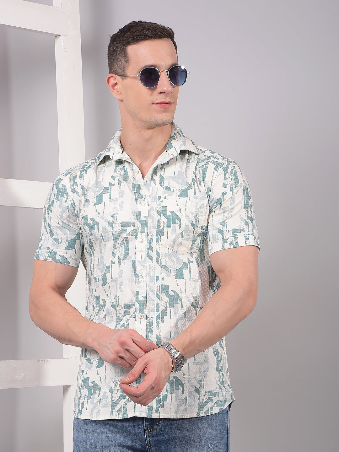 Green Printed Linen Shirt-Men Shirts-Crimsoune Club
