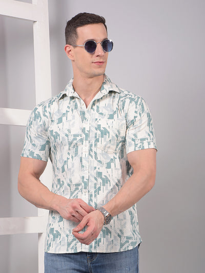 Green Printed Linen Shirt-Men Shirts-Crimsoune Club