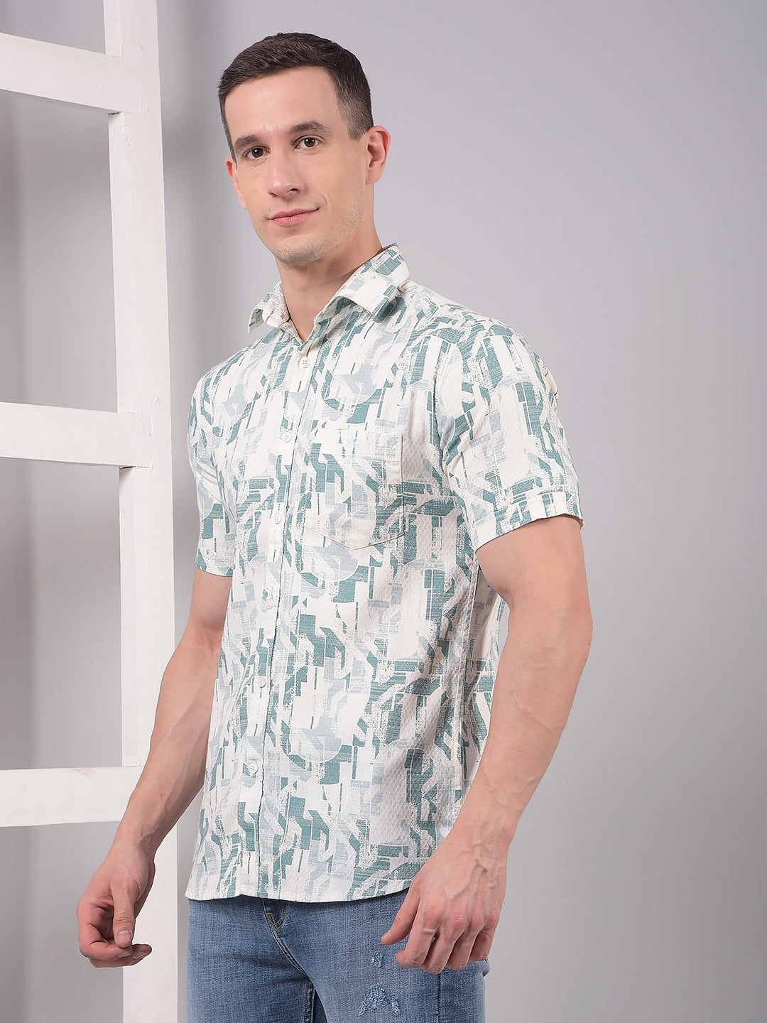 Green Printed Linen Shirt-Men Shirts-Crimsoune Club