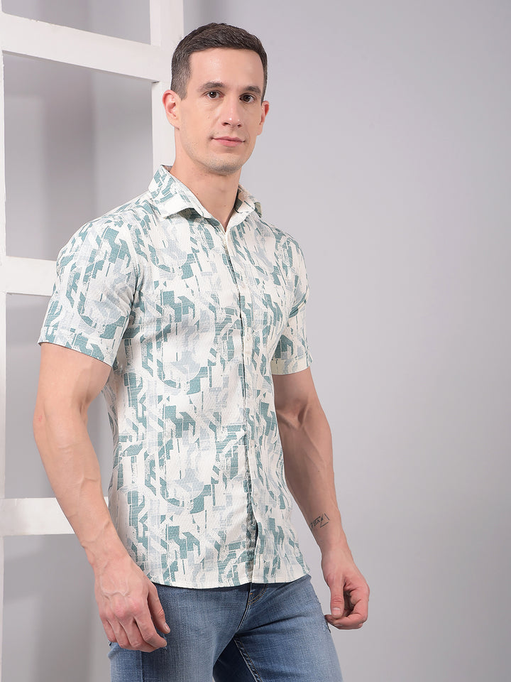 Green Printed Linen Shirt-Men Shirts-Crimsoune Club