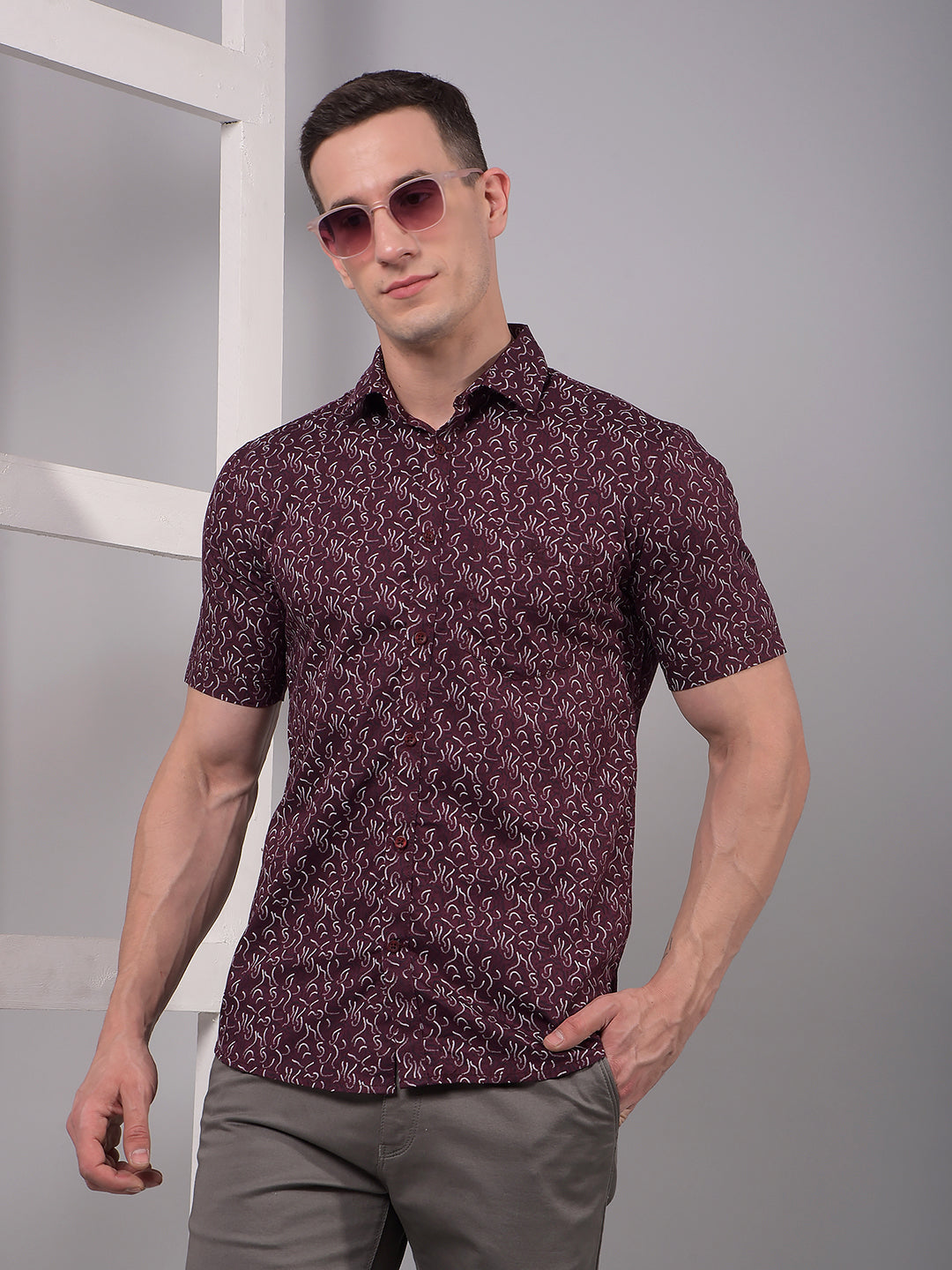 Maroon Printed Linen Shirt-Men Shirts-Crimsoune Club
