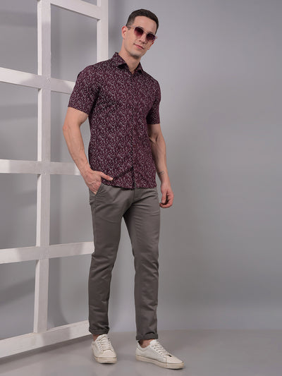 Maroon Printed Linen Shirt-Men Shirts-Crimsoune Club