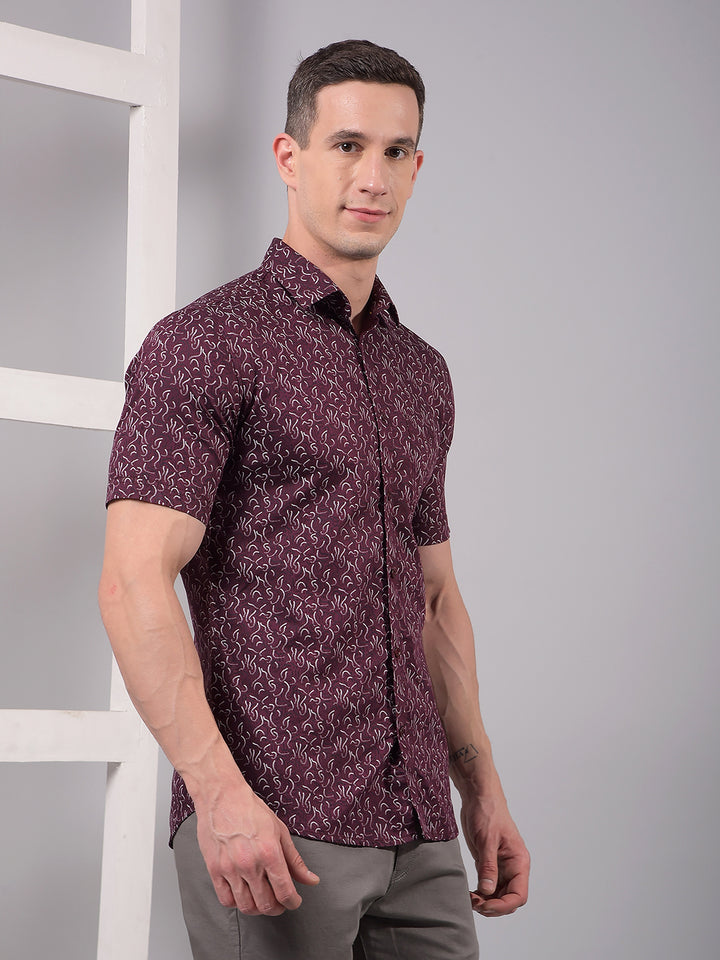 Maroon Printed Linen Shirt-Men Shirts-Crimsoune Club