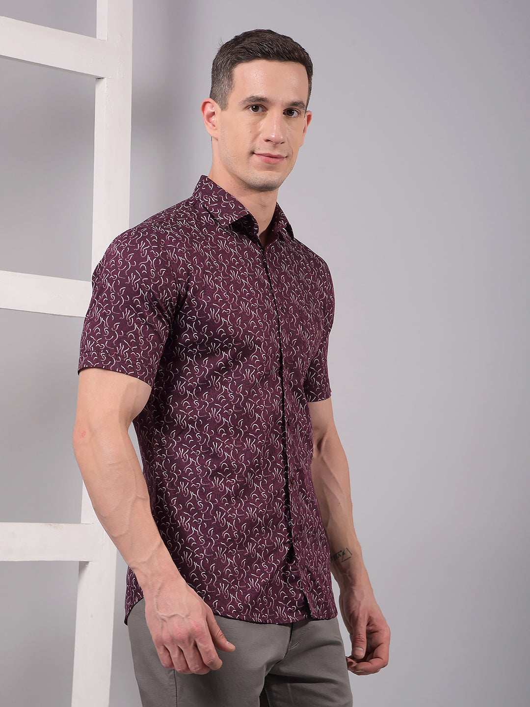 Maroon Printed Linen Shirt-Men Shirts-Crimsoune Club