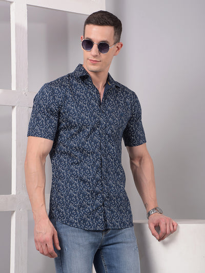 Blue Printed Linen Shirt-Men Shirts-Crimsoune Club