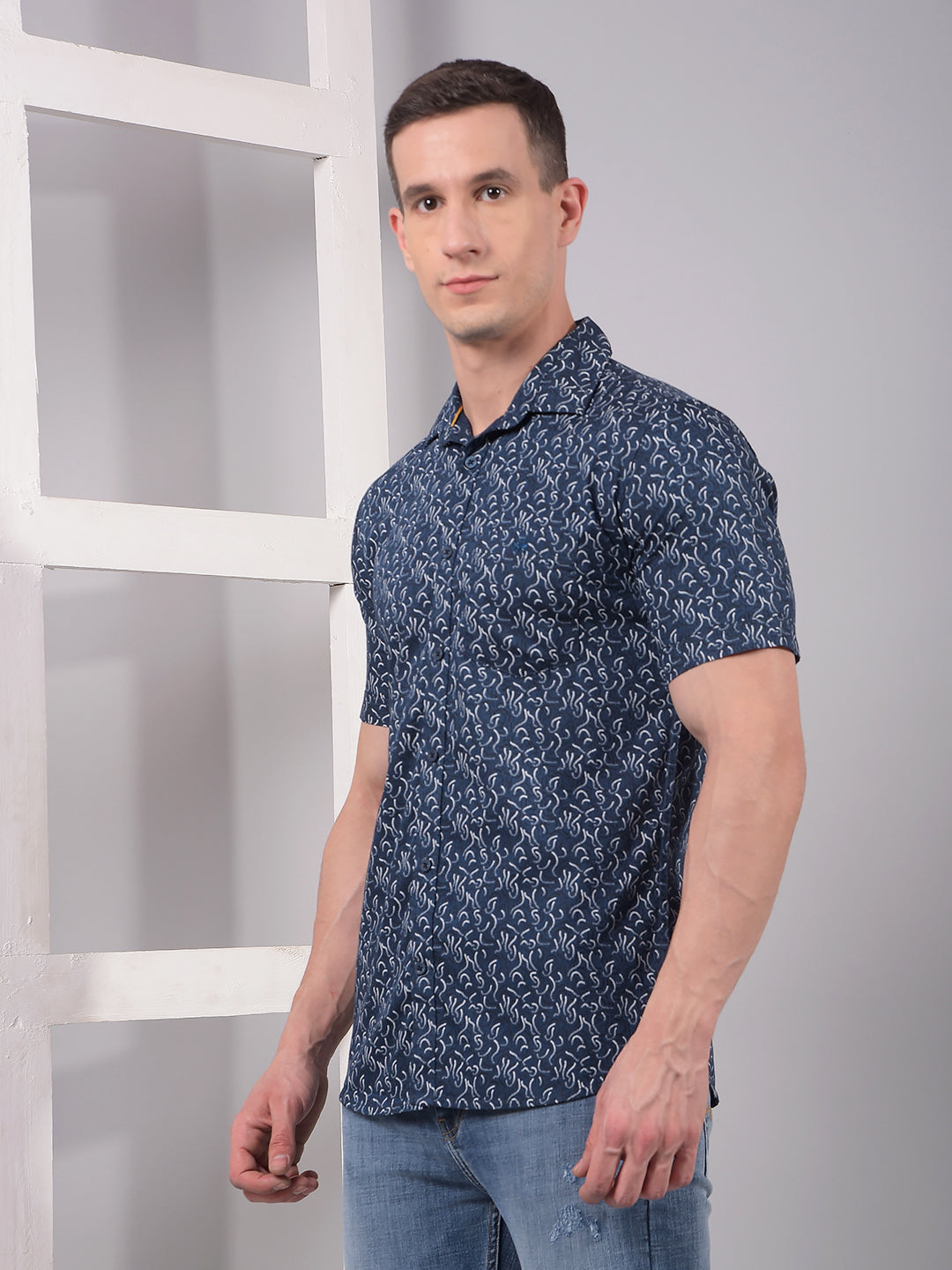 Blue Printed Linen Shirt-Men Shirts-Crimsoune Club