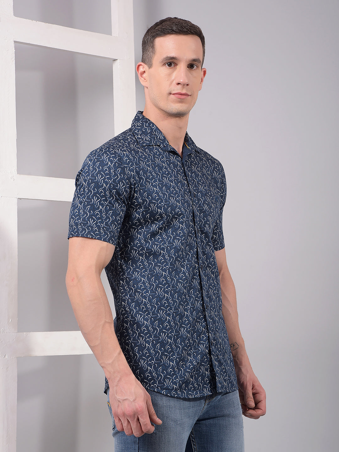Blue Printed Linen Shirt-Men Shirts-Crimsoune Club