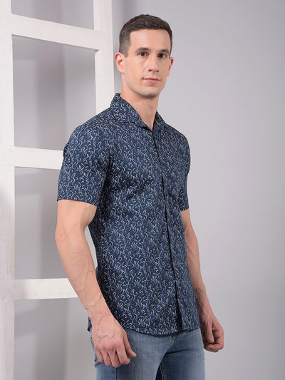 Blue Printed Linen Shirt-Men Shirts-Crimsoune Club