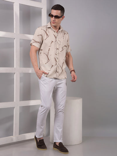 Beige Printed Linen Shirt-Men Shirts-Crimsoune Club