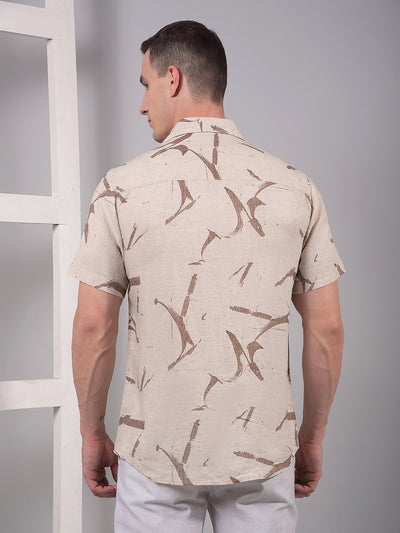 Beige Printed Linen Shirt-Men Shirts-Crimsoune Club