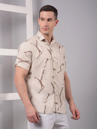 Beige Printed Linen Shirt-Men Shirts-Crimsoune Club