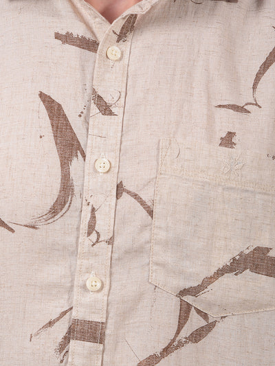 Beige Printed Linen Shirt-Men Shirts-Crimsoune Club
