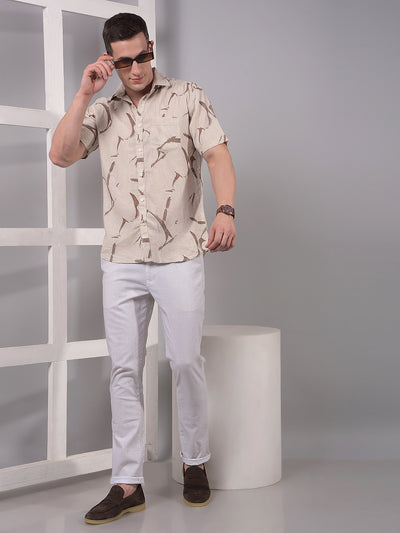 Beige Printed Linen Shirt-Men Shirts-Crimsoune Club