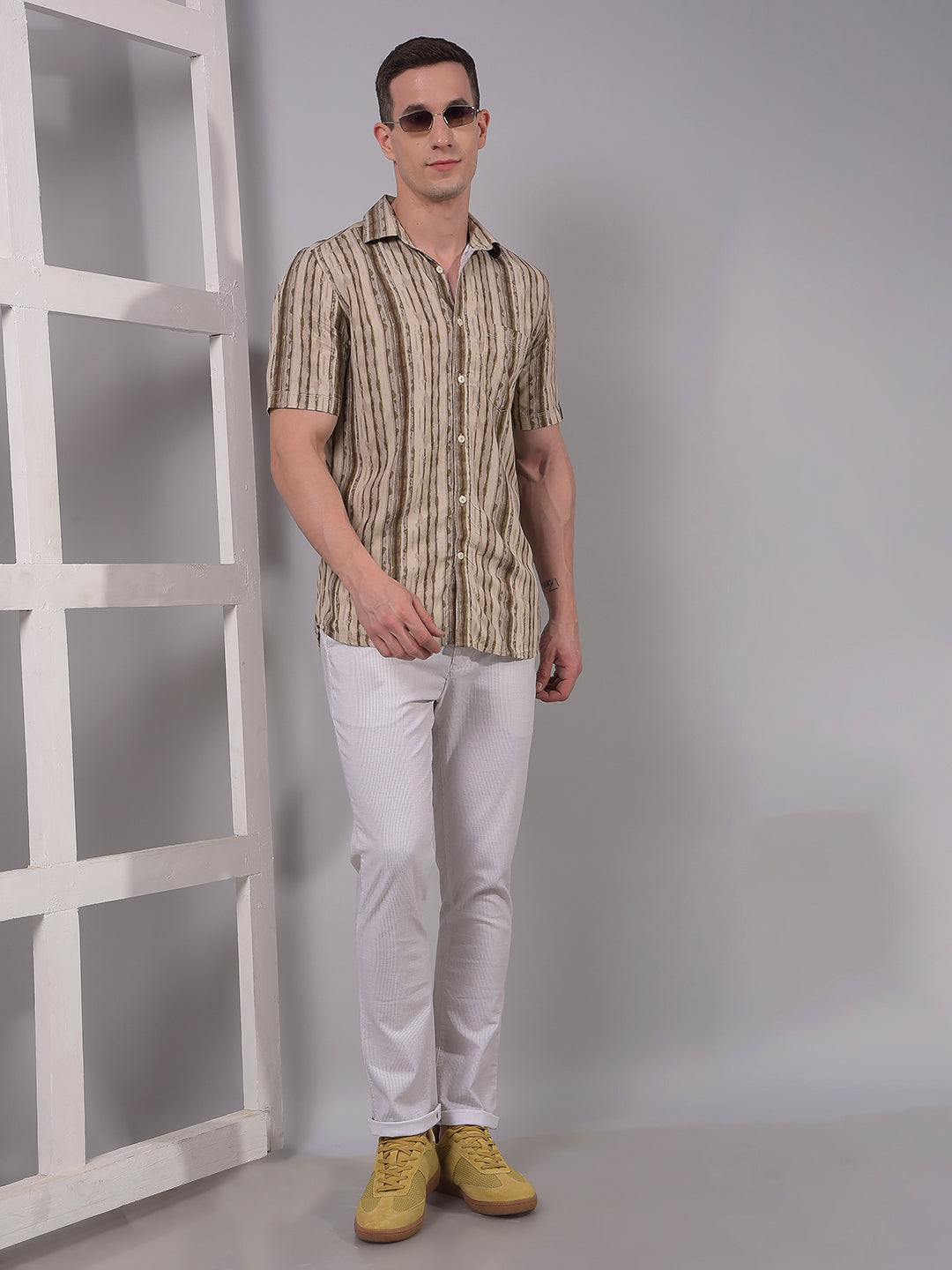 Olive Printed 100% Cotton Shirt-Men Shirts-Crimsoune Club