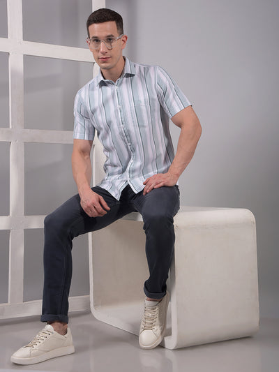 Green Vertical Stripes 100% Cotton Shirt-Men Shirts-Crimsoune Club