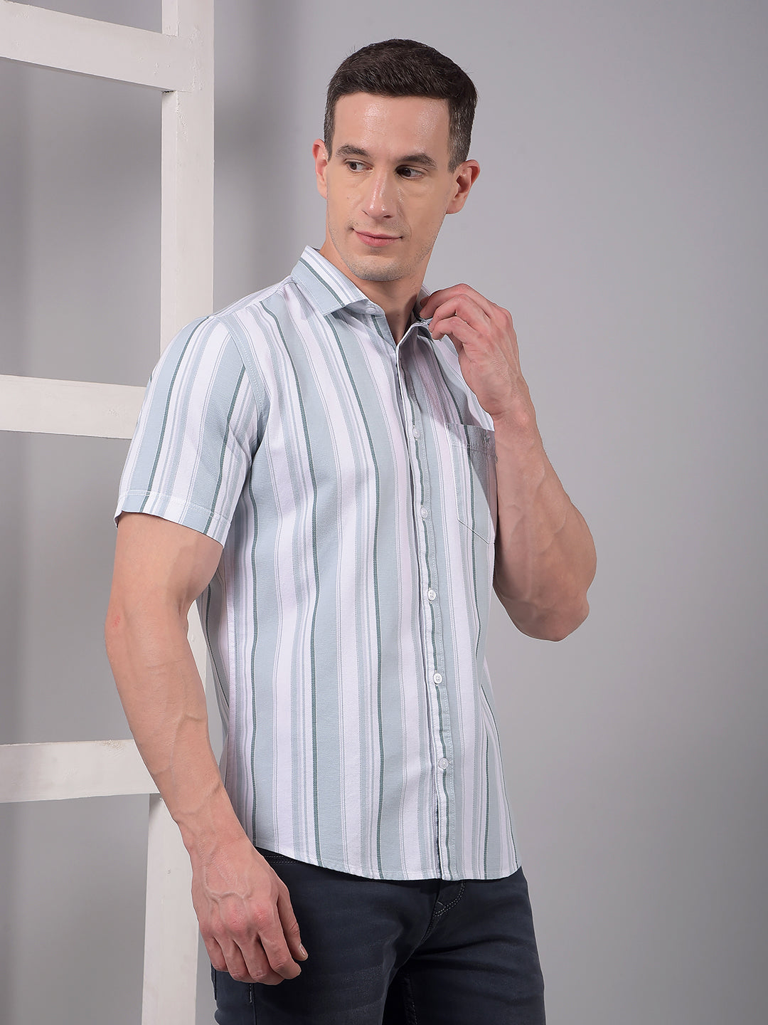 Green Vertical Stripes 100% Cotton Shirt-Men Shirts-Crimsoune Club