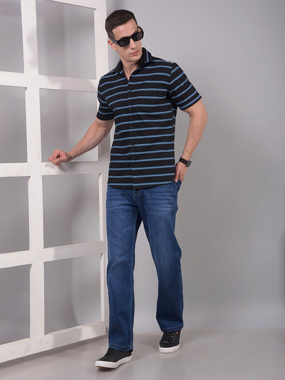 Blue Horizontal Stripes 100% Cotton Shirt-Men Shirts-Crimsoune Club