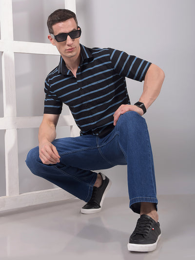 Blue Horizontal Stripes 100% Cotton Shirt-Men Shirts-Crimsoune Club