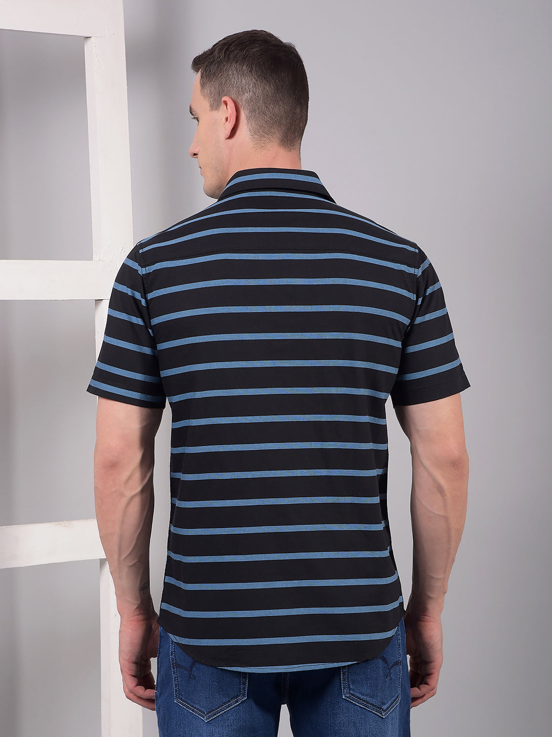 Blue Horizontal Stripes 100% Cotton Shirt-Men Shirts-Crimsoune Club