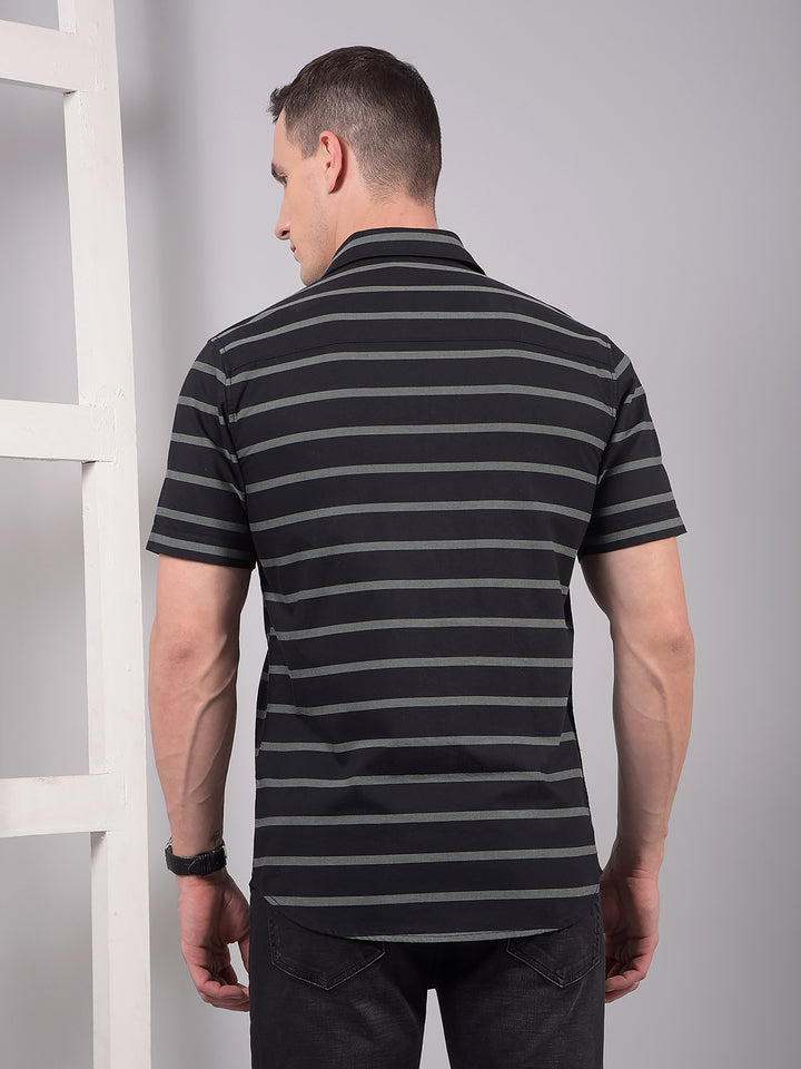 Black Horizontal Stripes Linen Shirt-Men Shirts-Crimsoune Club