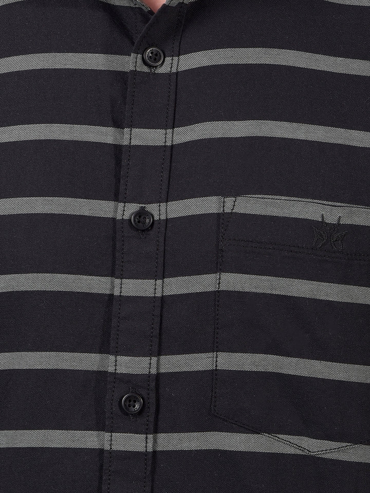 Black Horizontal Stripes Linen Shirt-Men Shirts-Crimsoune Club