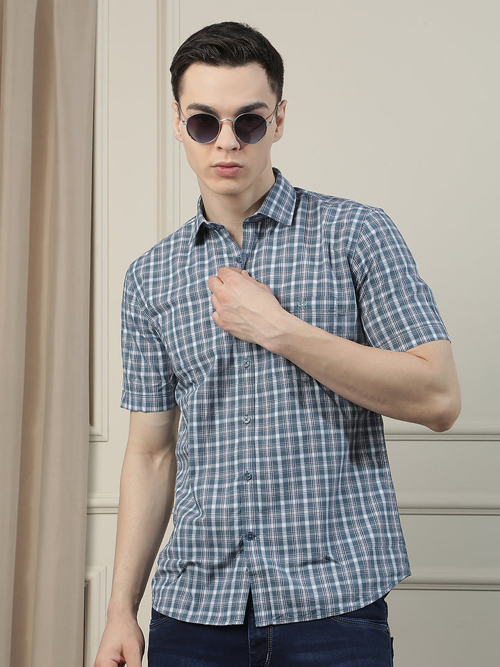 Blue Checked 100% Cotton Shirt-Men Shirts-Crimsoune Club