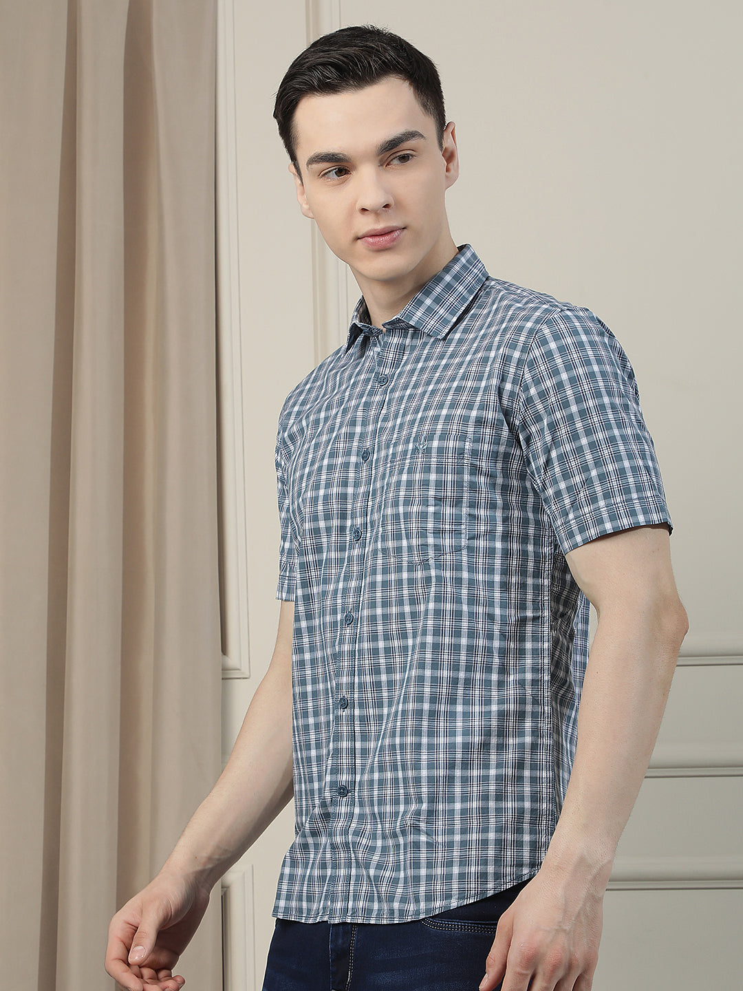 Blue Checked 100% Cotton Shirt-Men Shirts-Crimsoune Club