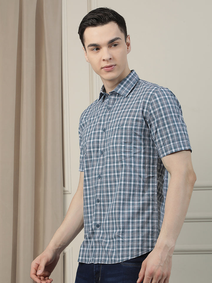 Blue Checked 100% Cotton Shirt-Men Shirts-Crimsoune Club