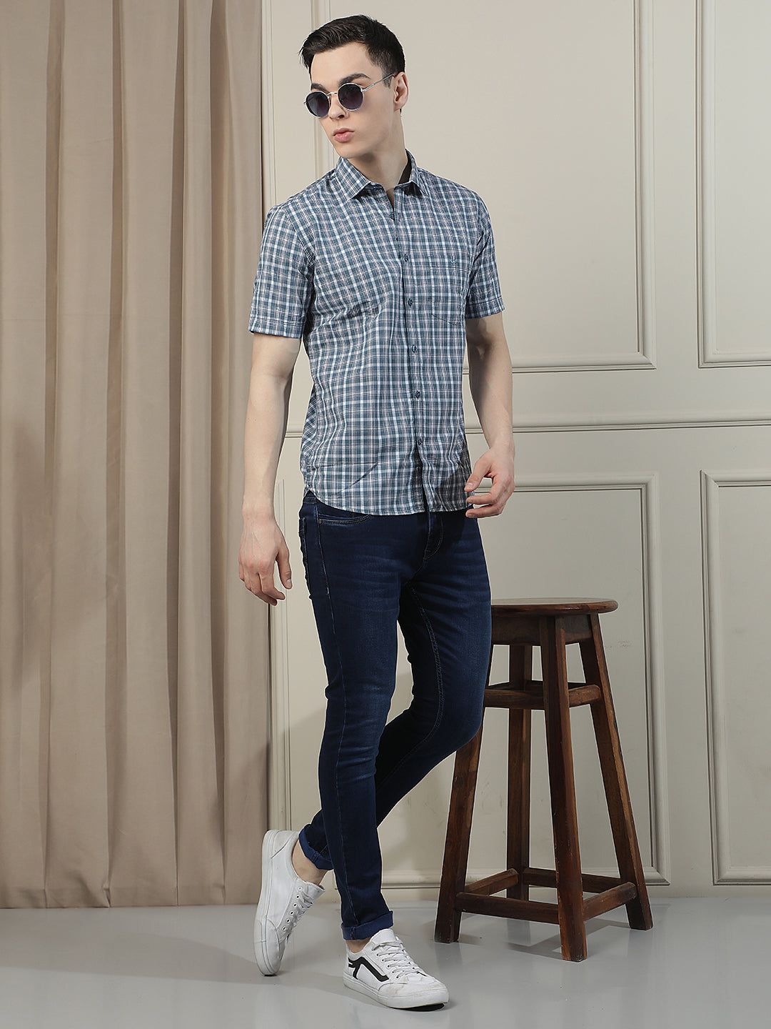 Blue Checked 100% Cotton Shirt-Men Shirts-Crimsoune Club