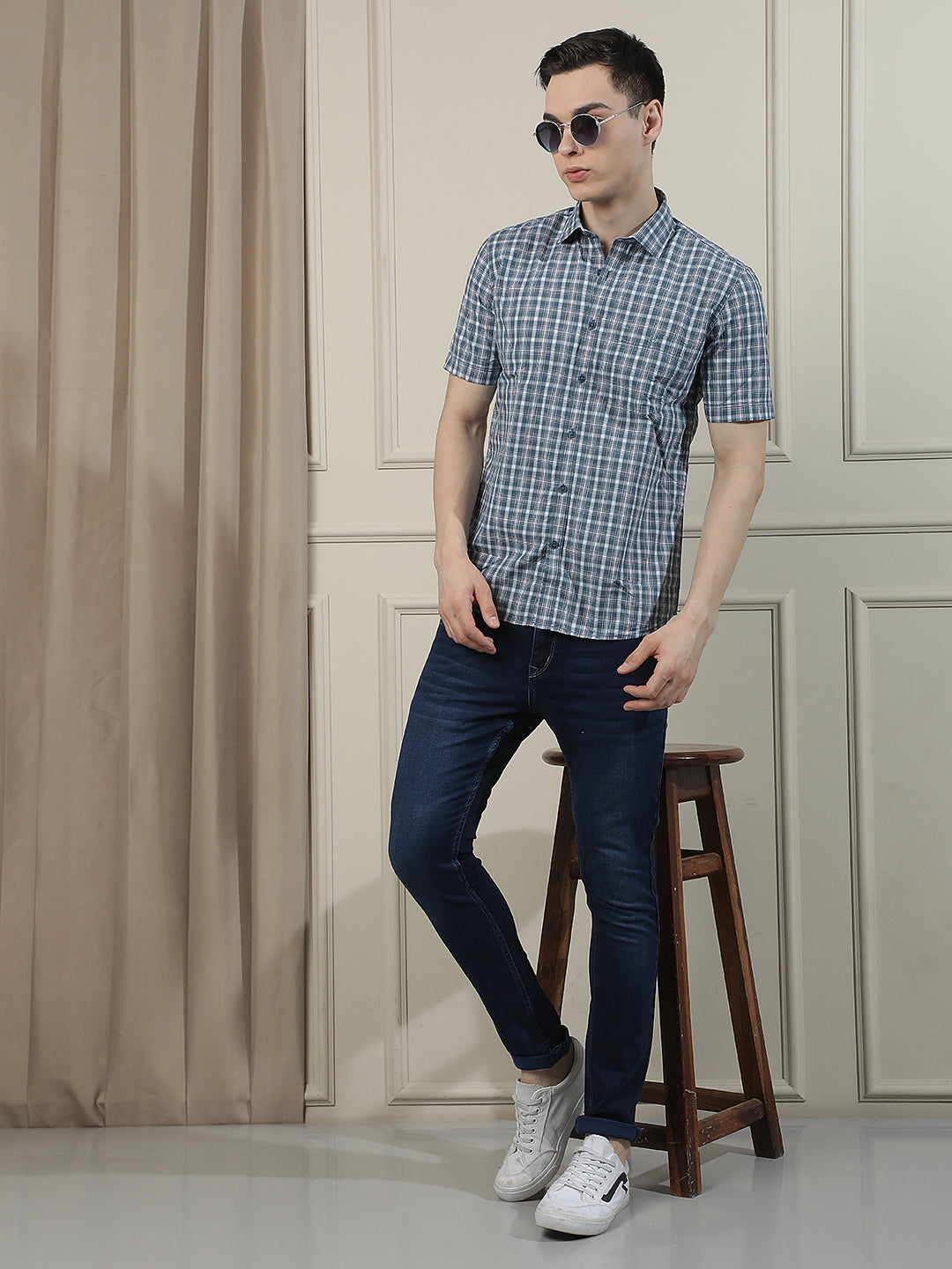 Blue Checked 100% Cotton Shirt-Men Shirts-Crimsoune Club