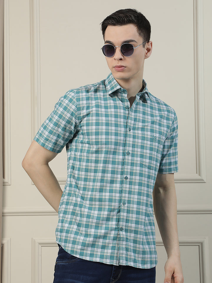 Green Checked 100% Cotton Shirt-Men Shirts-Crimsoune Club