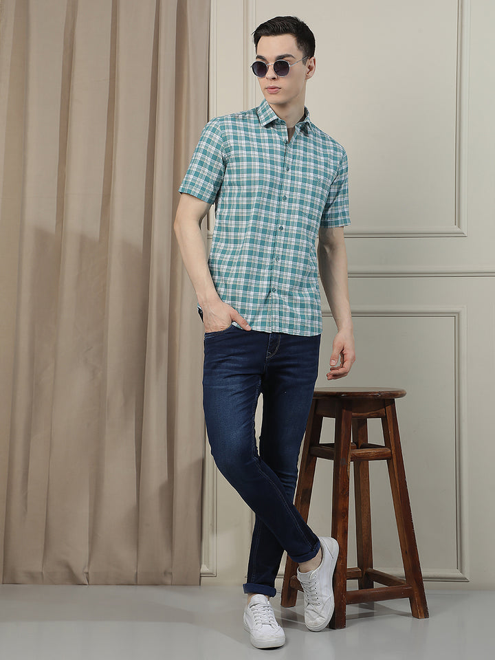 Green Checked 100% Cotton Shirt-Men Shirts-Crimsoune Club