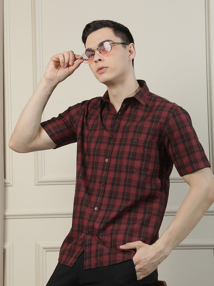 Maroon Checked 100% Cotton Shirt-Men Shirts-Crimsoune Club